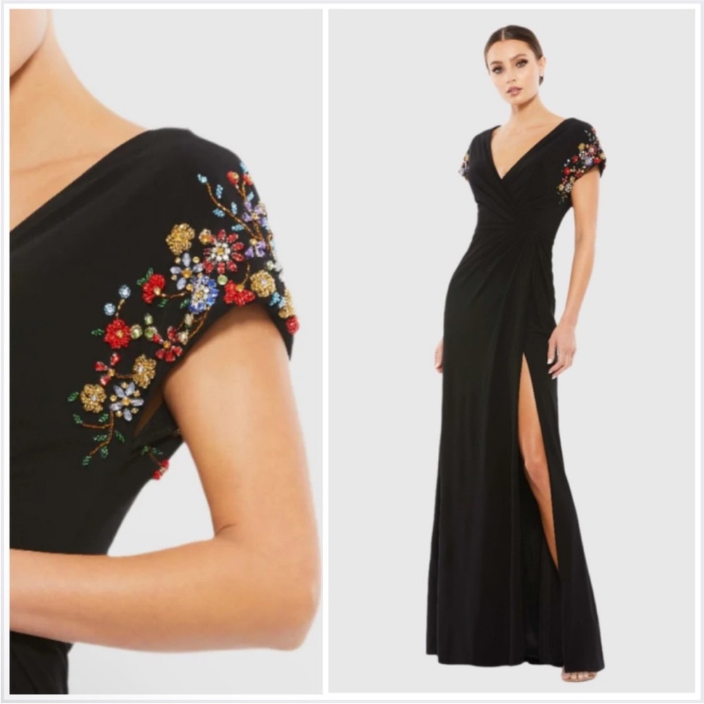 Mac Duggal Embellished Sleeve‎ Jersey Wrap Gown 55709 Size 6 NWT